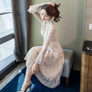 Long Sleeve Lace Panel Cocktail A-line Dress