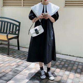 Color-block Collared Puff-sleeve Dress
