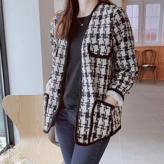 Open-front Pocket-detail Checked Jacket Black - One Size