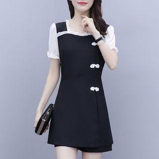 Set: Contrast Trim Short-sleeve Mini A-line Dress+ Shorts