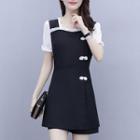 Set: Contrast Trim Short-sleeve Mini A-line Dress+ Shorts