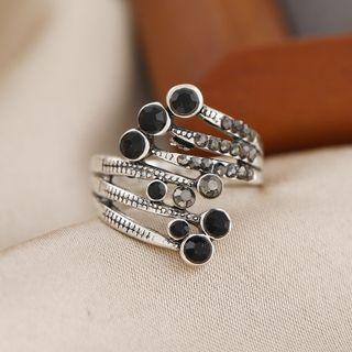 Rhinestone Layered Alloy Ring 1pc - Silver & Black - One Size