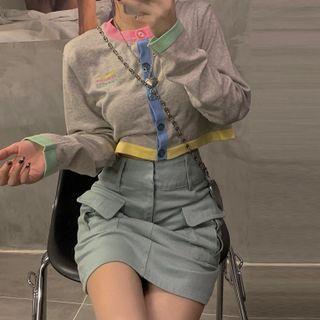 Long-sleeve Contrast Trim Cropped T-shirt / Pocket Detail Mini Pencil Skirt
