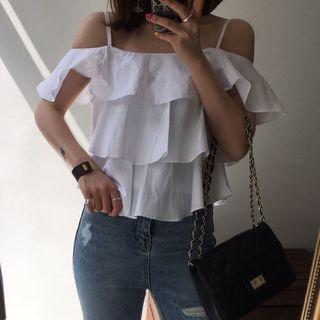 Ruffle Trim Off Shoulder Short Sleeve Blouse