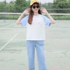 Set: Short-sleeve Color Block T-shirt + Straight Leg Cropped Jeans