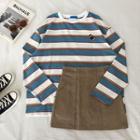 Embroidered Striped Long-sleeve T-shirt Blue + White - One Size