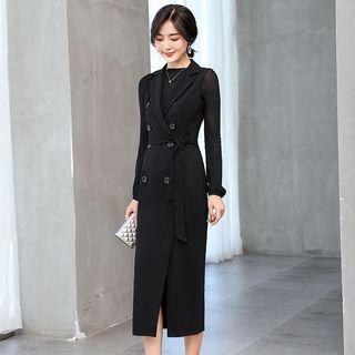 Long-sleeve Knit Top / Sleeveless Double-breasted Midi Coat Dress / Set