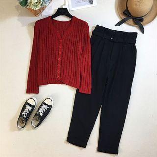 V-neck Knit Cardigan / Plain Pants