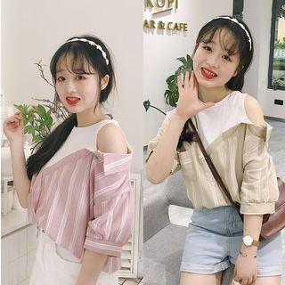 Mock Two-piece Elbow-sleeve Cutout Striped Top