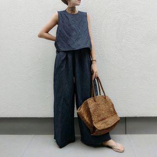 Set: Plain Tank Top + Wide Leg Pants Set Of 2 - Tank Top & Pants - Navy Blue - One Size