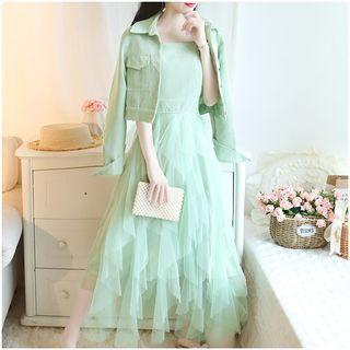 Set: Plain Jacket + Sleeveless Mesh-panel Dress