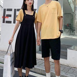 Short-sleeve T-shirt / Midi A-line Overall Dress / Shorts / Set