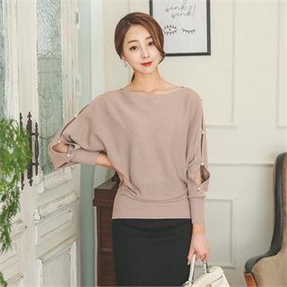 Slit-sleeve Faux-pearl Trim Knit Top