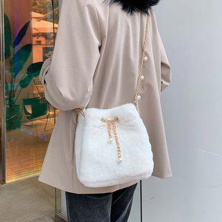Chain Strap Faux Pearl Furry Bucket Bag