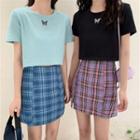 Short-sleeve Butterfly Embroidered Cropped Top / High-waist Plaid Skirt