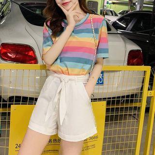 Set: Striped Short-sleeve T-shirt + Tie-waist Wide Leg Shorts