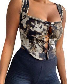 Printed Lace Up Cropped Tank Top