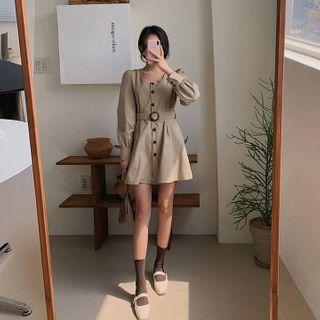 Square-neck Buttoned Minidress With Belt