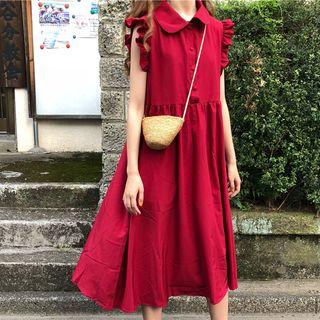 Frilled Sleeveless Collared A-line Midi Dress