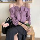 Long-sleeve Off-shoulder Plain Blouse / Irregular Lace Midi Skirt