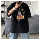 Elbow-sleeve Cartoon Dog Print T-shirt