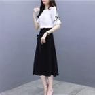 Set: Elbow-sleeve Contrast Trim Top + Midi A-line Skirt