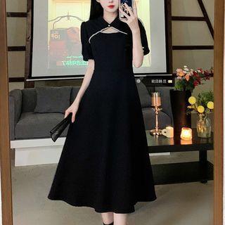 Shot-sleeve Faux Pearl Trim Cutout Midi A-line Dress