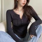 Round-neck Plain Button-up Striped Cropped Top