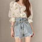 Puff-sleeve Embroidered Light Shirt White - One Size