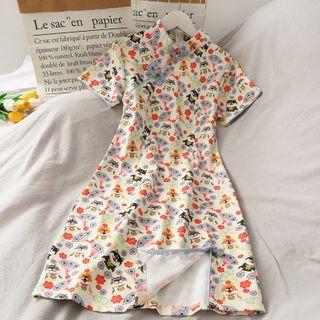 Shiba-print Frog-button Qipao Dress