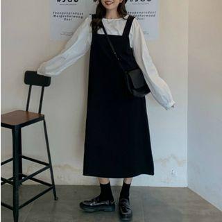 Set : Puff-sleeve Shirt + Plain Back Strap Maxi Skirt