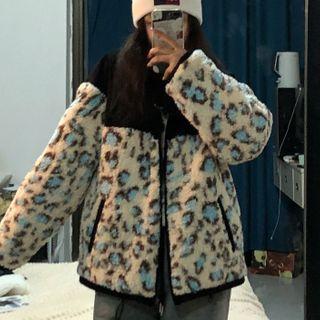Leopard Print Panel Fleece Jacket Leopard - Blue - One Size