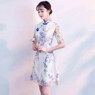 Short-sleeve Embroidered Qipao A-line Dress