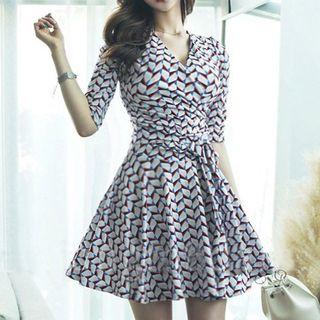 Elbow-sleeve Patterned Mini A-line Dress