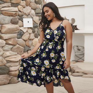 Plus Size Flower Print Spaghetti Strap Midi A-line Dress