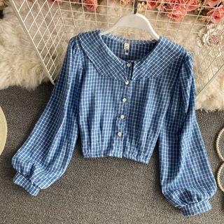 Collar Check Puff Long-sleeve Crop Blouse