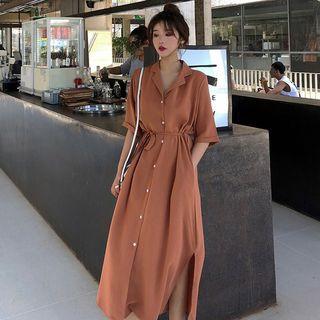 Elbow-sleeve Tie-waist Midi Shirt Dress