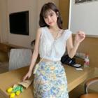 Cropped Lace V-neck Tank Top / Fitted Floral Print Midi Skirt