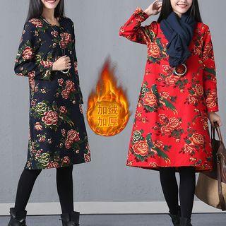 Fleece-lined Flower Print Long-sleeve Dress