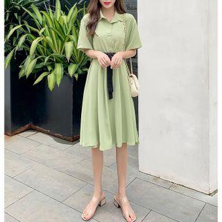 Short-sleeve Bow-neck Midi A-line Dress