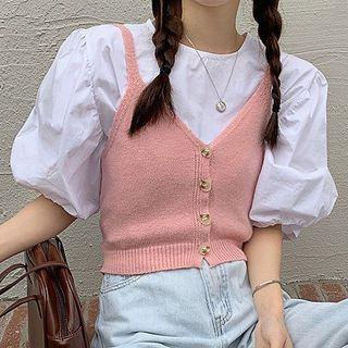 Puff-sleeve Plain Blouse / Button-up Knit Camisole Top