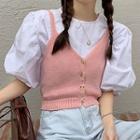 Puff-sleeve Plain Blouse / Button-up Knit Camisole Top