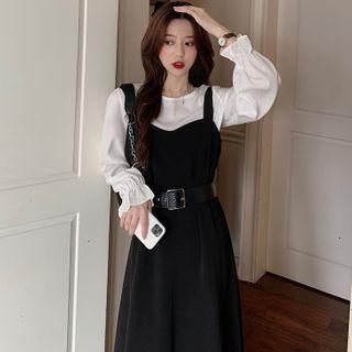 Set: Long-sleeve T-shirt + A-line Midi Pinafore Dress + Belt