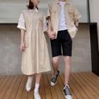 Couple Matching Short-sleeve Plain Shirt / Midi Overall Dress / Shorts / Set (various Designs)
