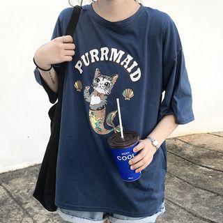 Elbow-sleeve Mermaid Print T-shirt