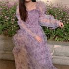 Long-sleeve Floral Mesh Maxi Dress Puprle - One Size