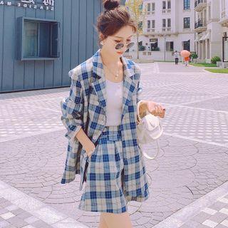 Set: Notch Lapel Plaid Blazer + A-line Shorts