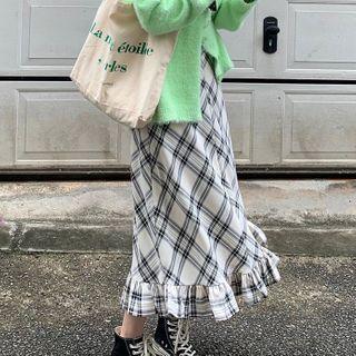 Plaid Frill Trim Midi A-line Skirt