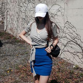 Striped Short-sleeve Wrap T-shirt