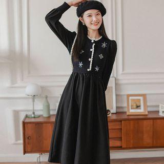 Long-sleeve Floral Print Knit Panel A-line Dress